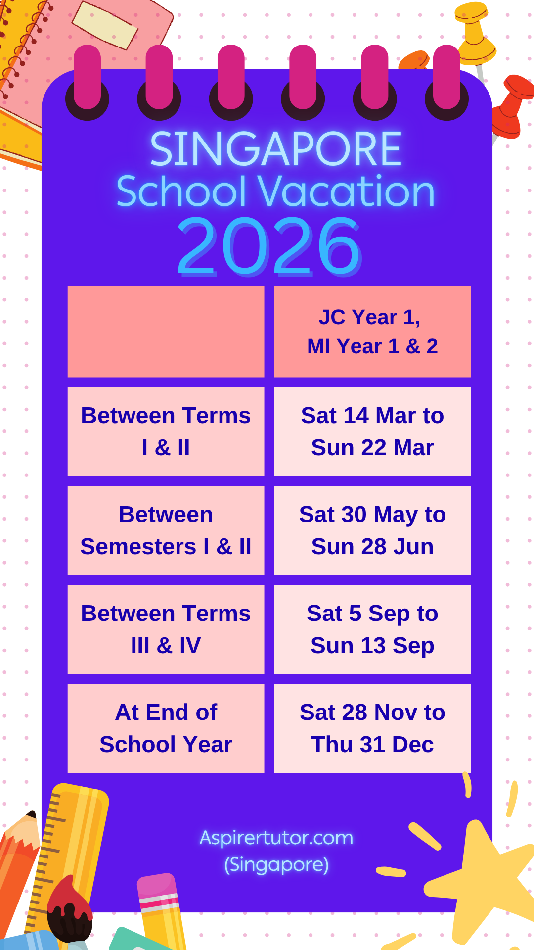 jc 1 school holidays 2026