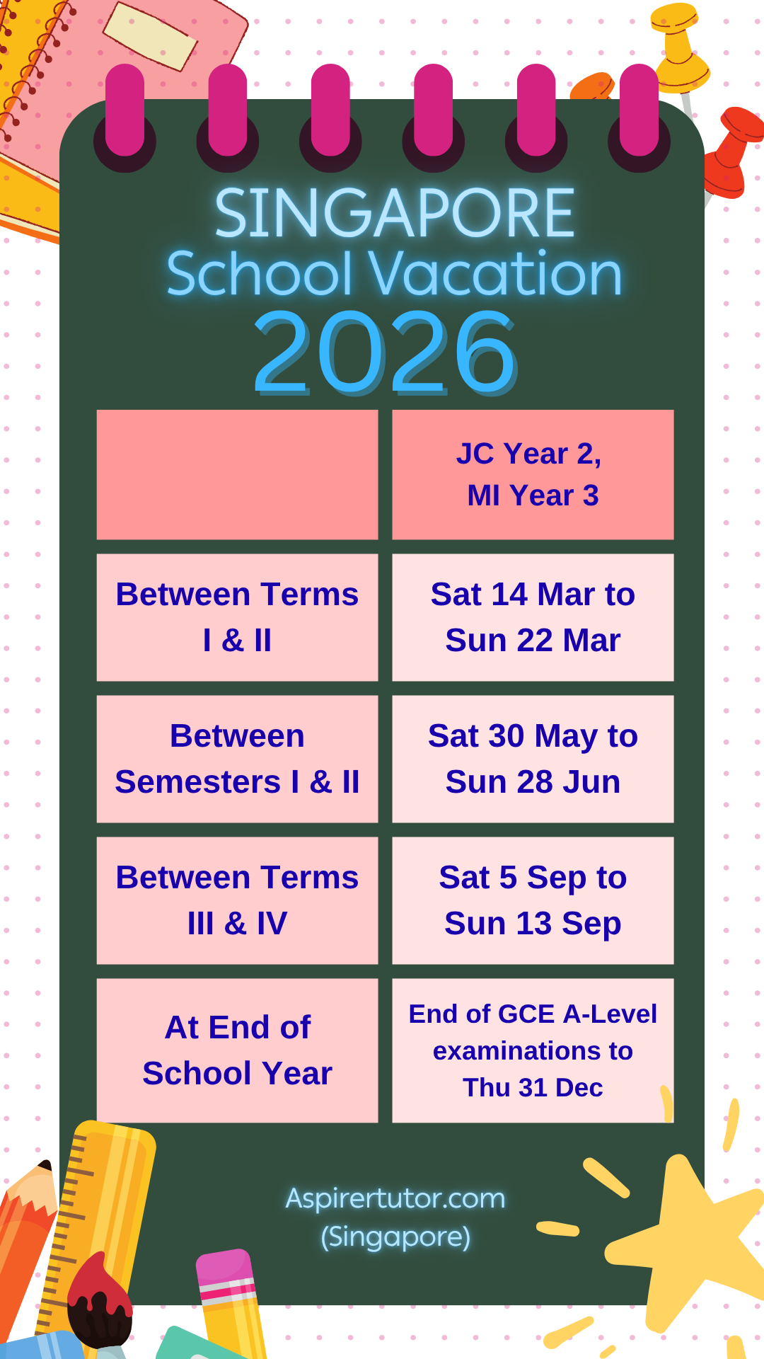 jc 2 school holidays 2026